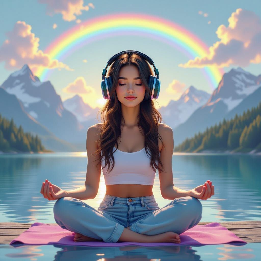 Dreamy Girl in Lotus Position with Rainbow Mountains
