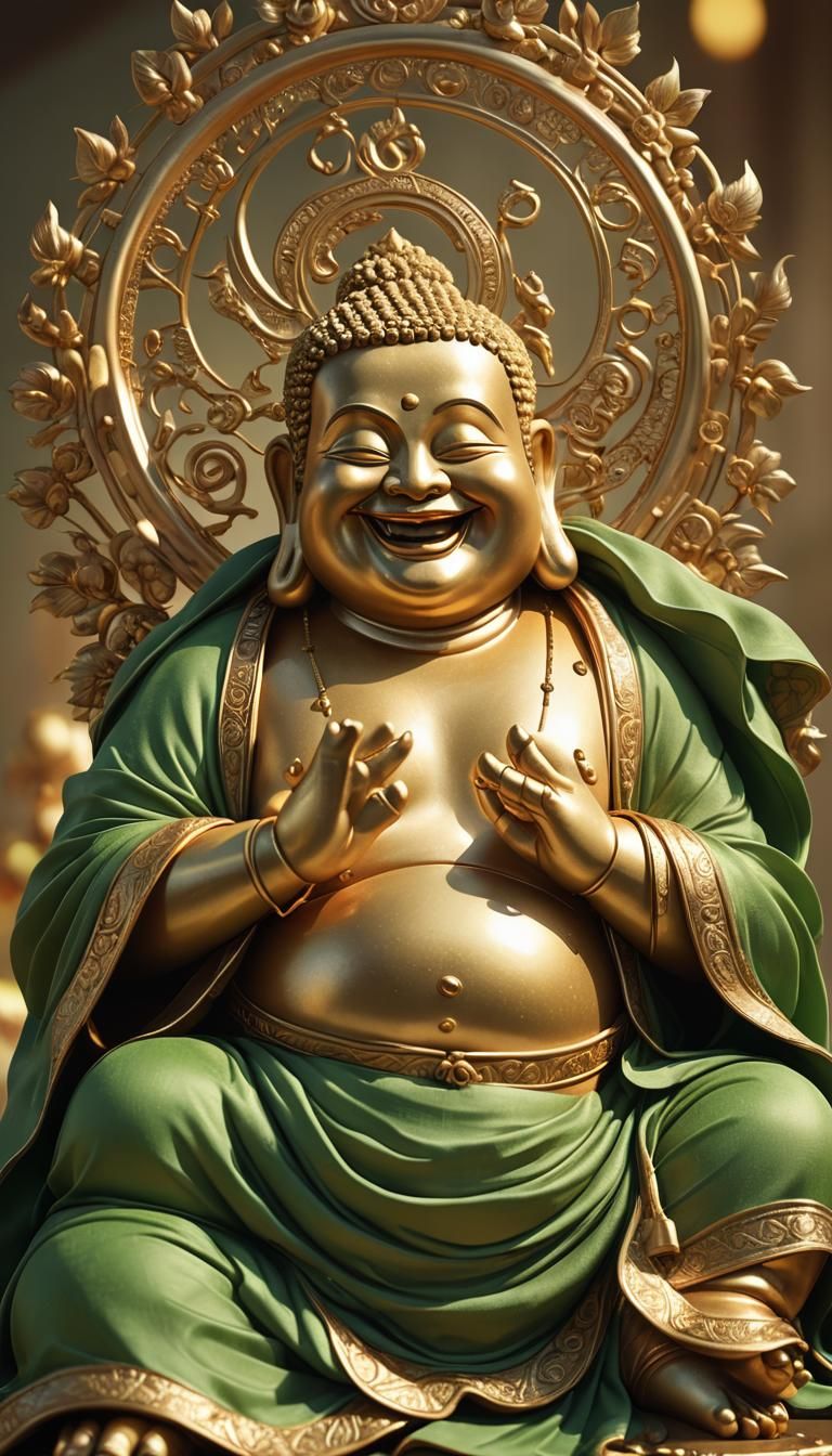 Laughing Buddha Sculpture in Green Silk: 3D Render