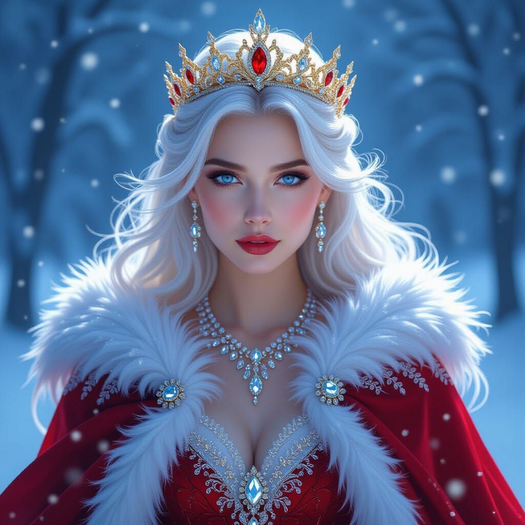 Ice Goddess in Crimson Robe, Romantic Winter Scene