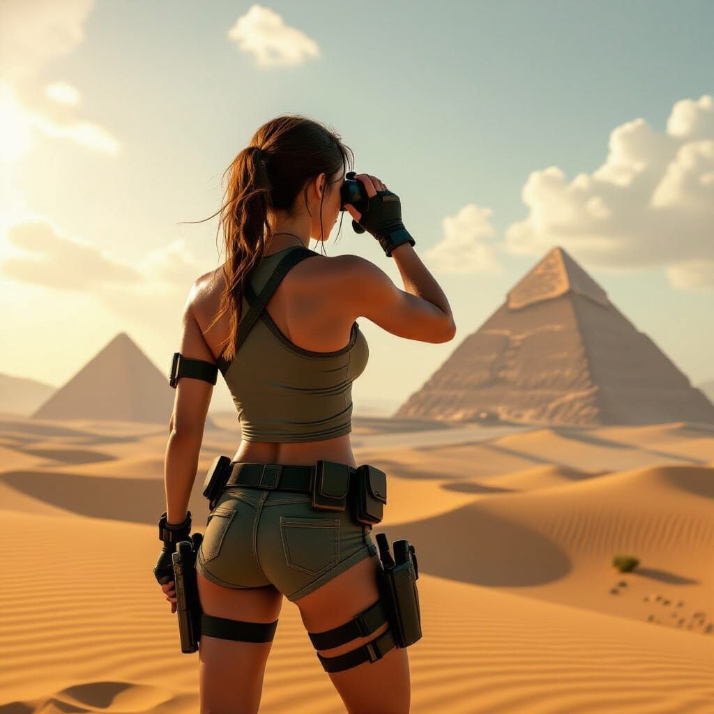 Lara Croft Gazing at Pyramids with Golden Glow