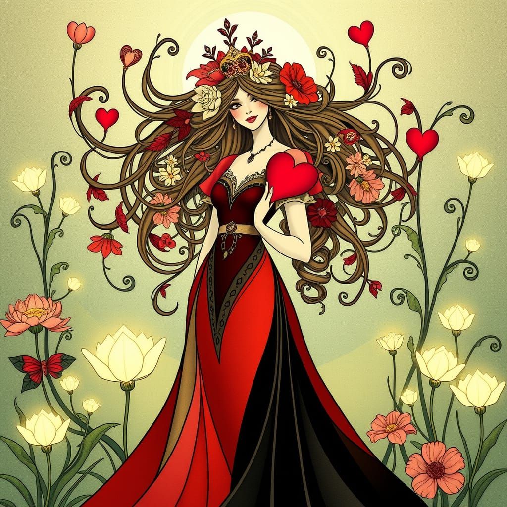 Art Nouveau Queen of Hearts Amidst Luminous Garden