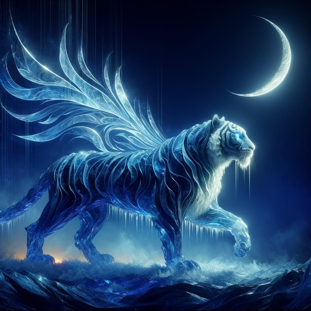 Majestic Sapphire Ice Tiger in Moonlit Darkness