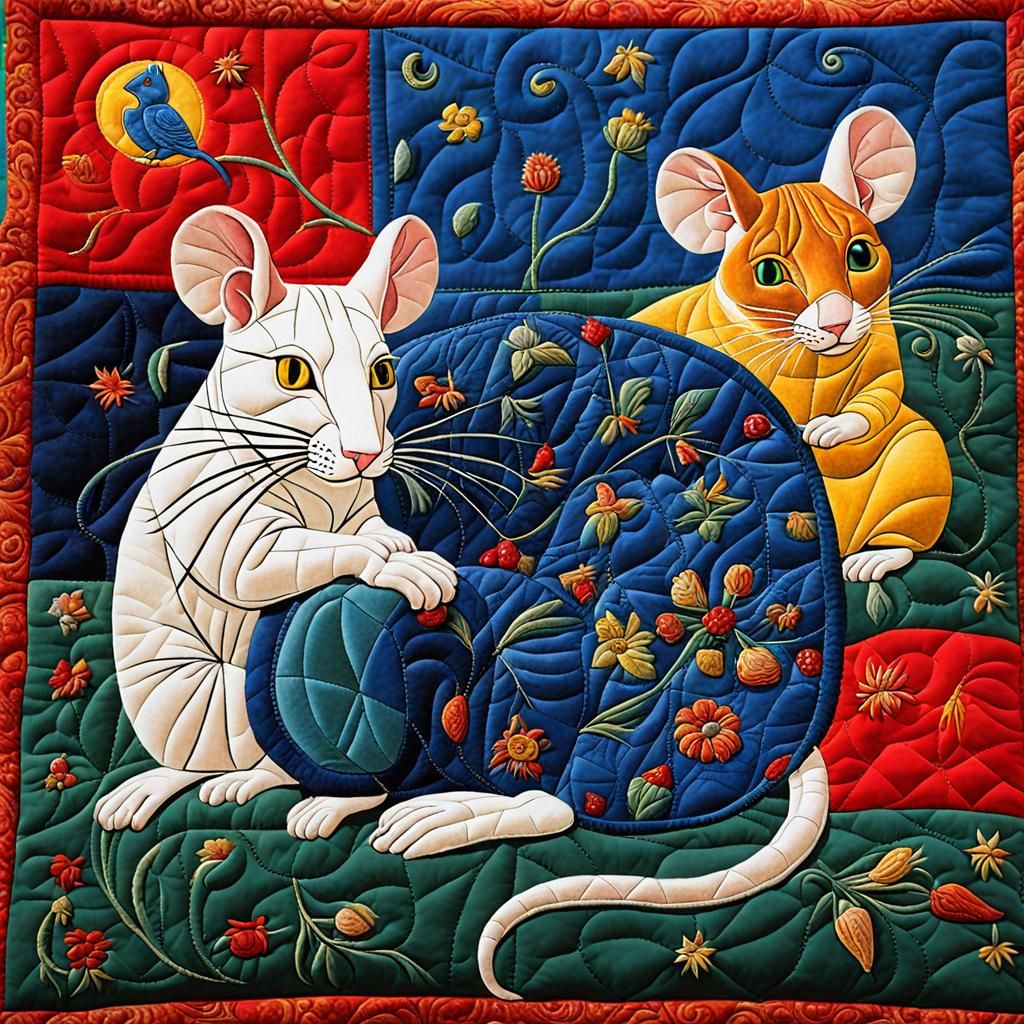 Cat and Mice Quilted Scene: Picasso and van Eyck Styles