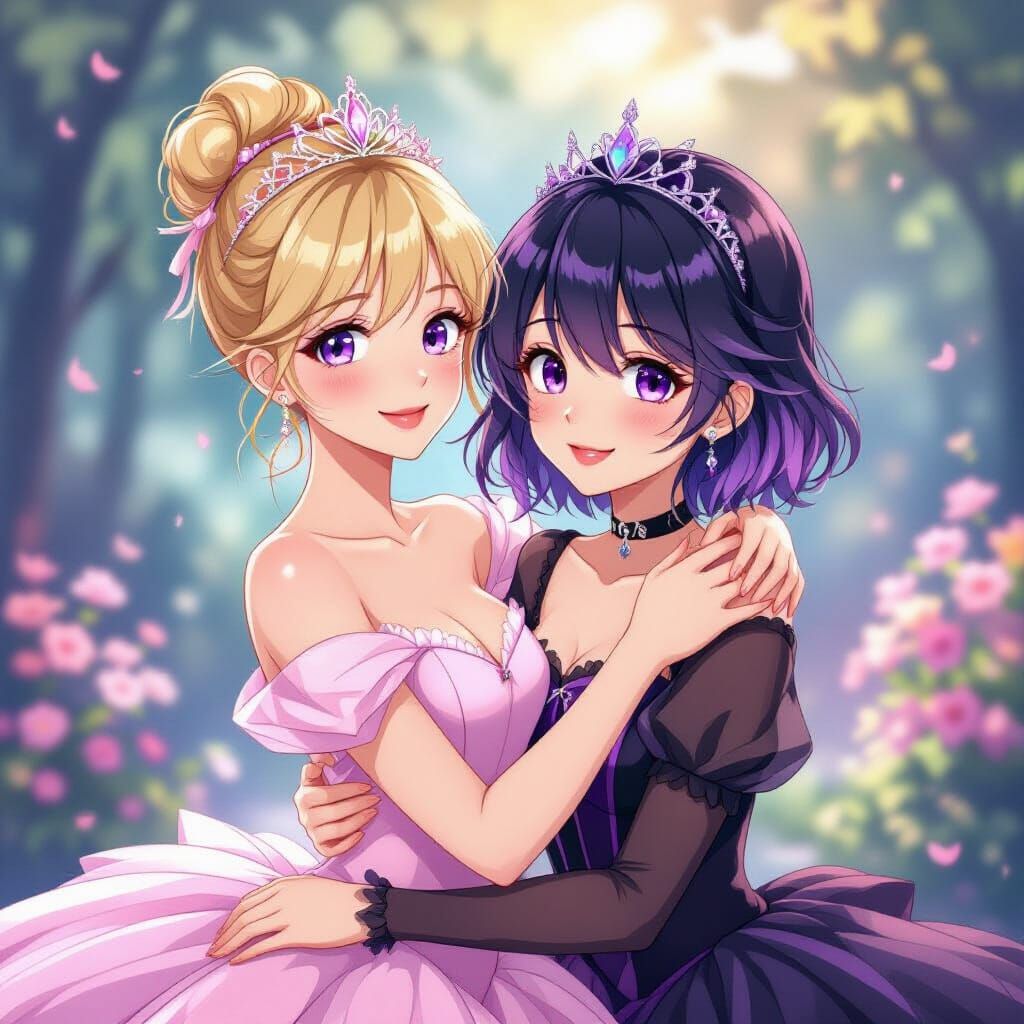 Anime Ballerinas: Blonde and Goth Friends Hugging