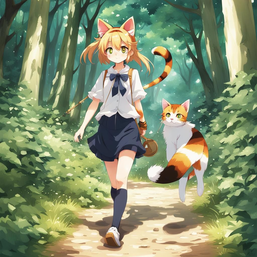 Calico Cat Girl Walking in Summer Forest, Anime Style