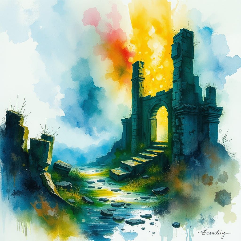 Ethereal Ancient Laser Plant Ruins in Dreamlike Watercolour