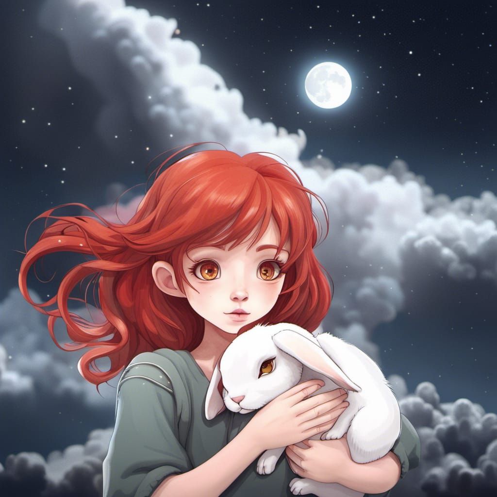 Girl with Bunny Under Full Moon: Fantasy Art