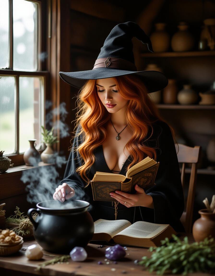 Enchanting Witch Brews Potion in Cottage