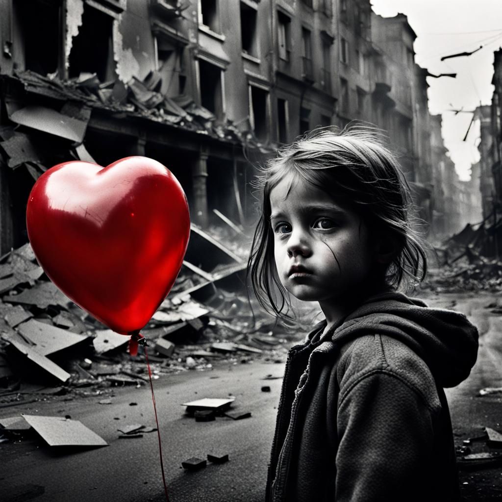 Heart Balloon in War-Torn Street: Charcoal Drawing