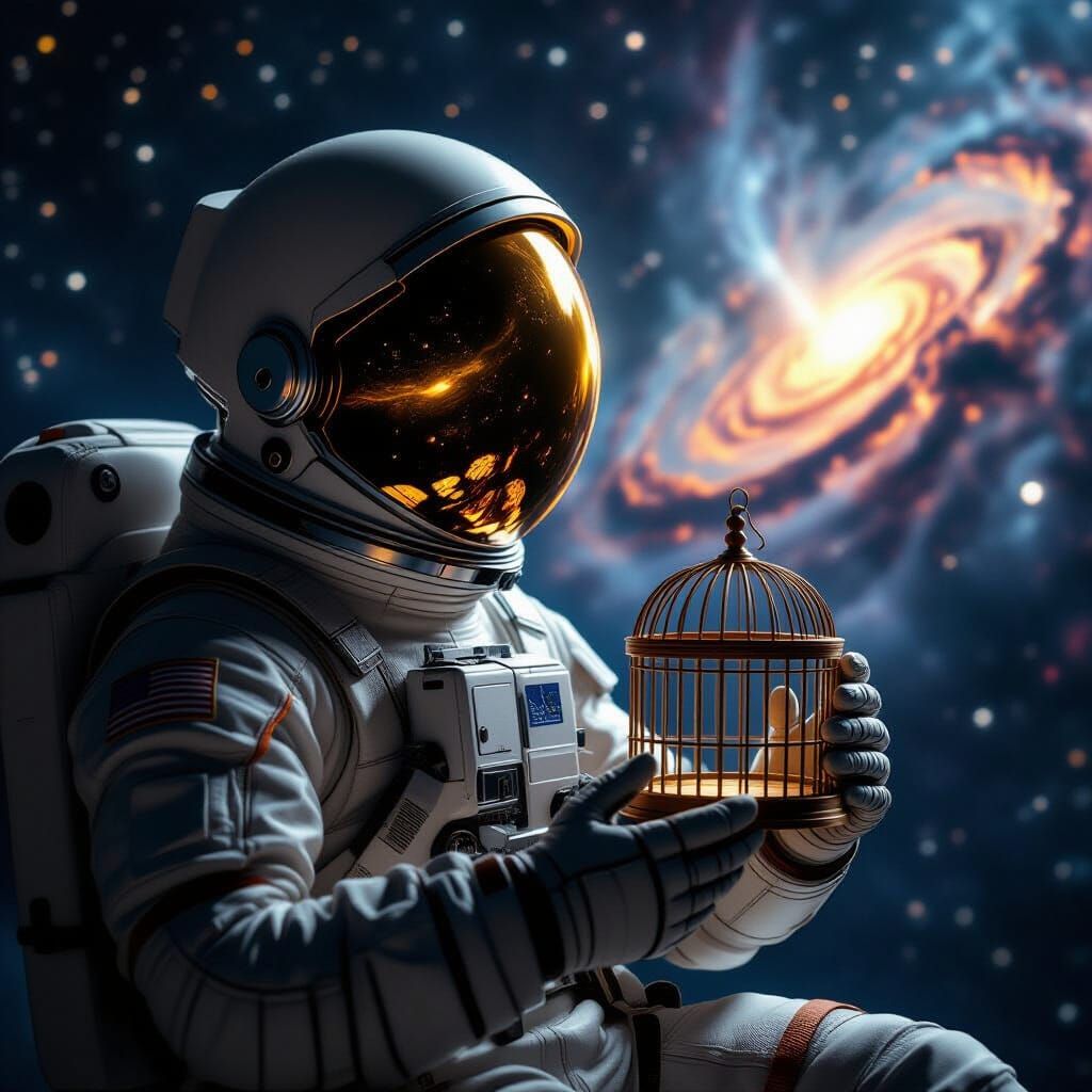 Astronaut Adrift in Space Reflecting Nebula, Holding Birdcag...