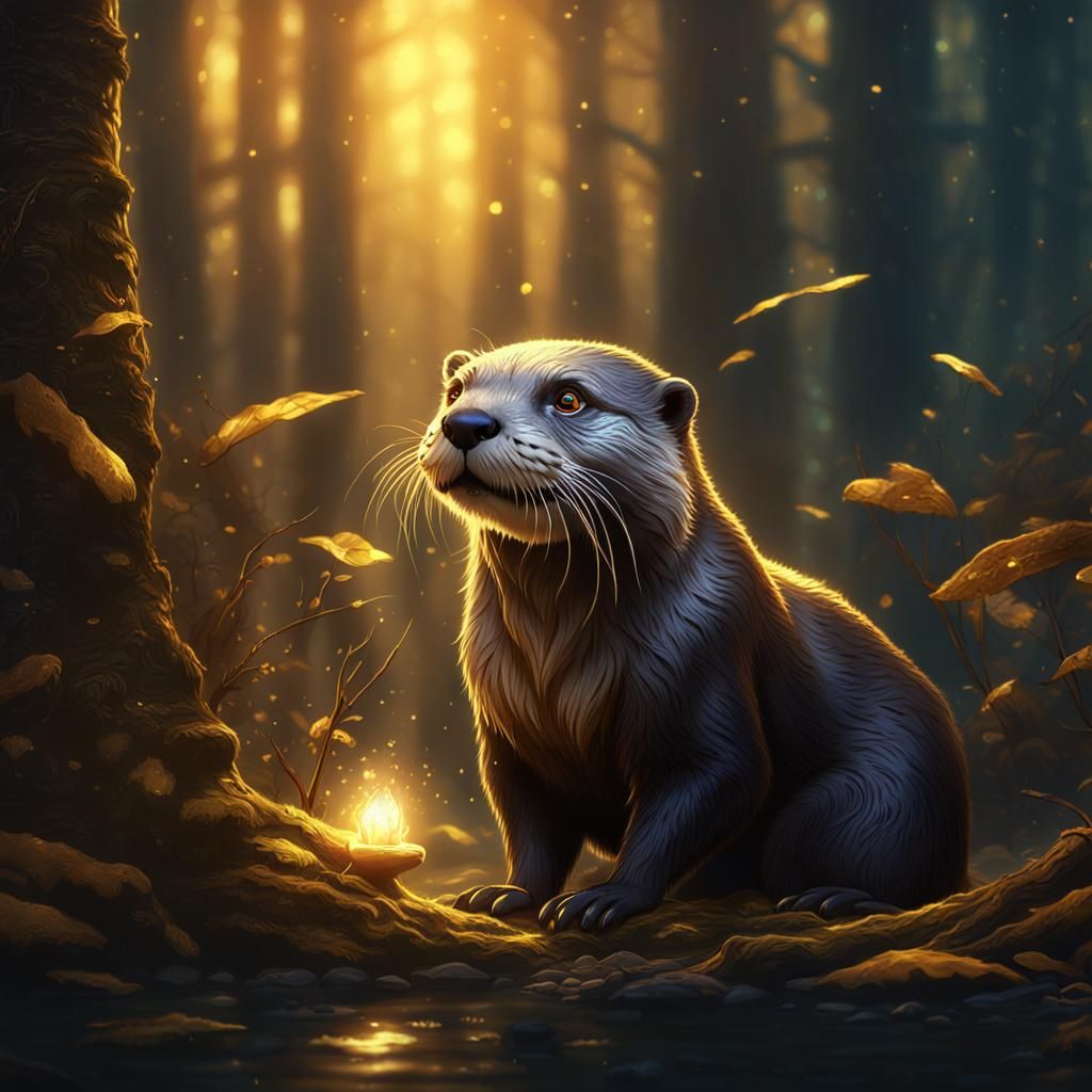Glowing-Eyed Otter with Gold Markings in Woods