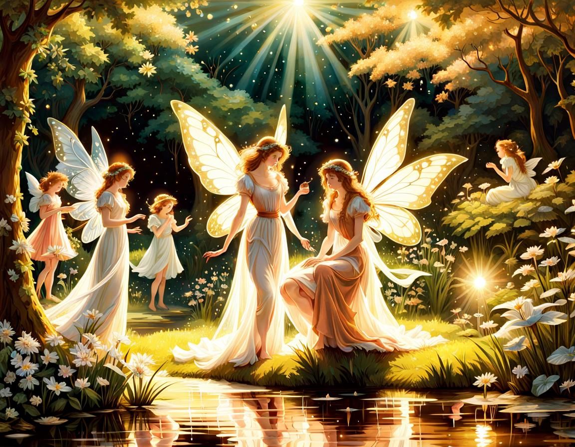 Fairies Frolicking in Garden in Pre-Raphaelite Style