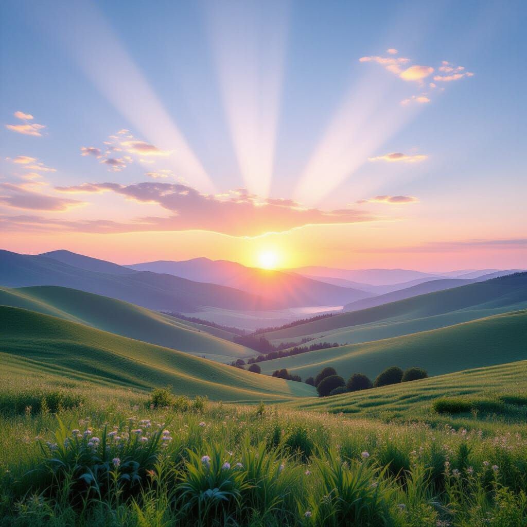Spiritual Dawn Landscape with Ethereal Light Rays