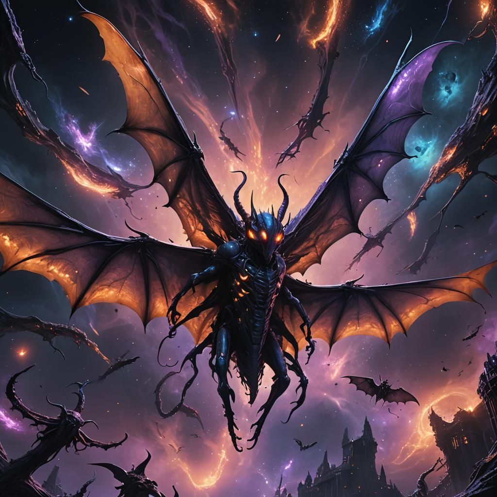 Winged Alien Creature Floating in Dark Space