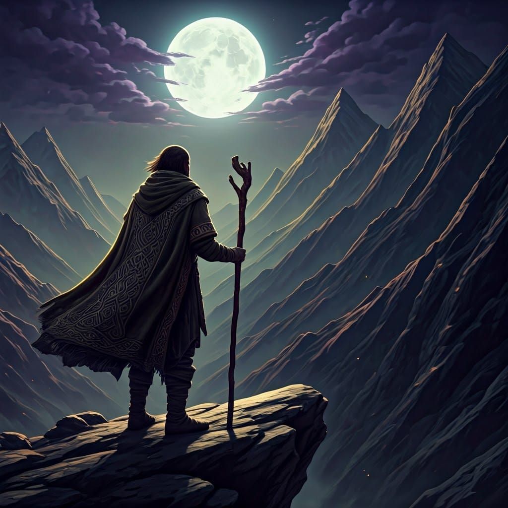 Majestic Mountain Wanderer Under the Moonlit Sky