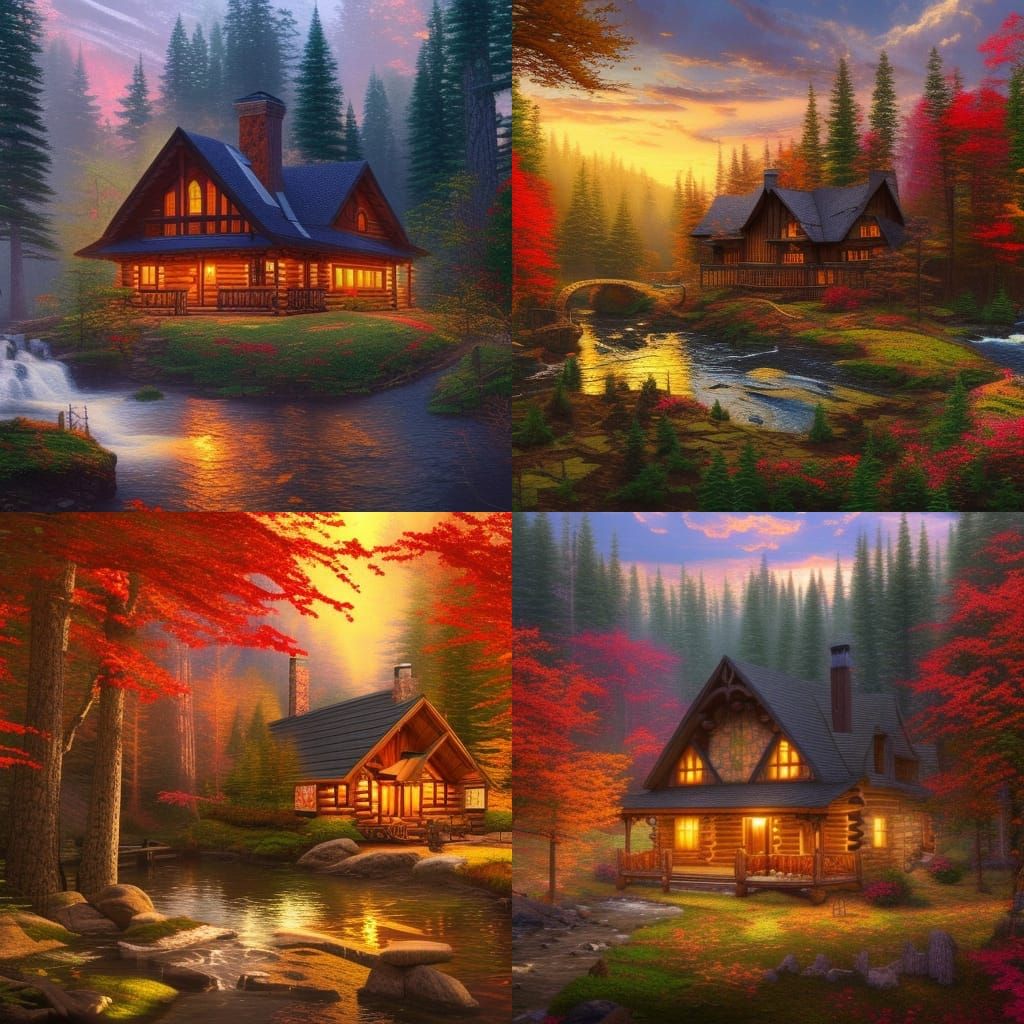 Cabin in Autumn Woods: Thomas Kinkade Style