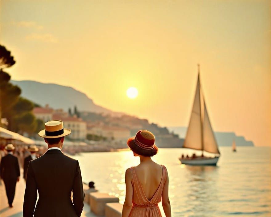 Impressionist Seaside Scene with People and Sailboat