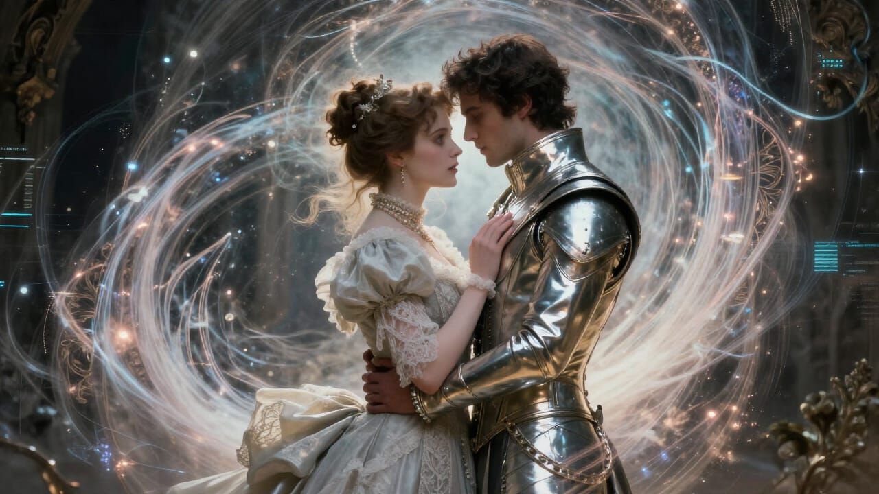 Victorian and Future Lovers Embrace in Ethereal Time Rift