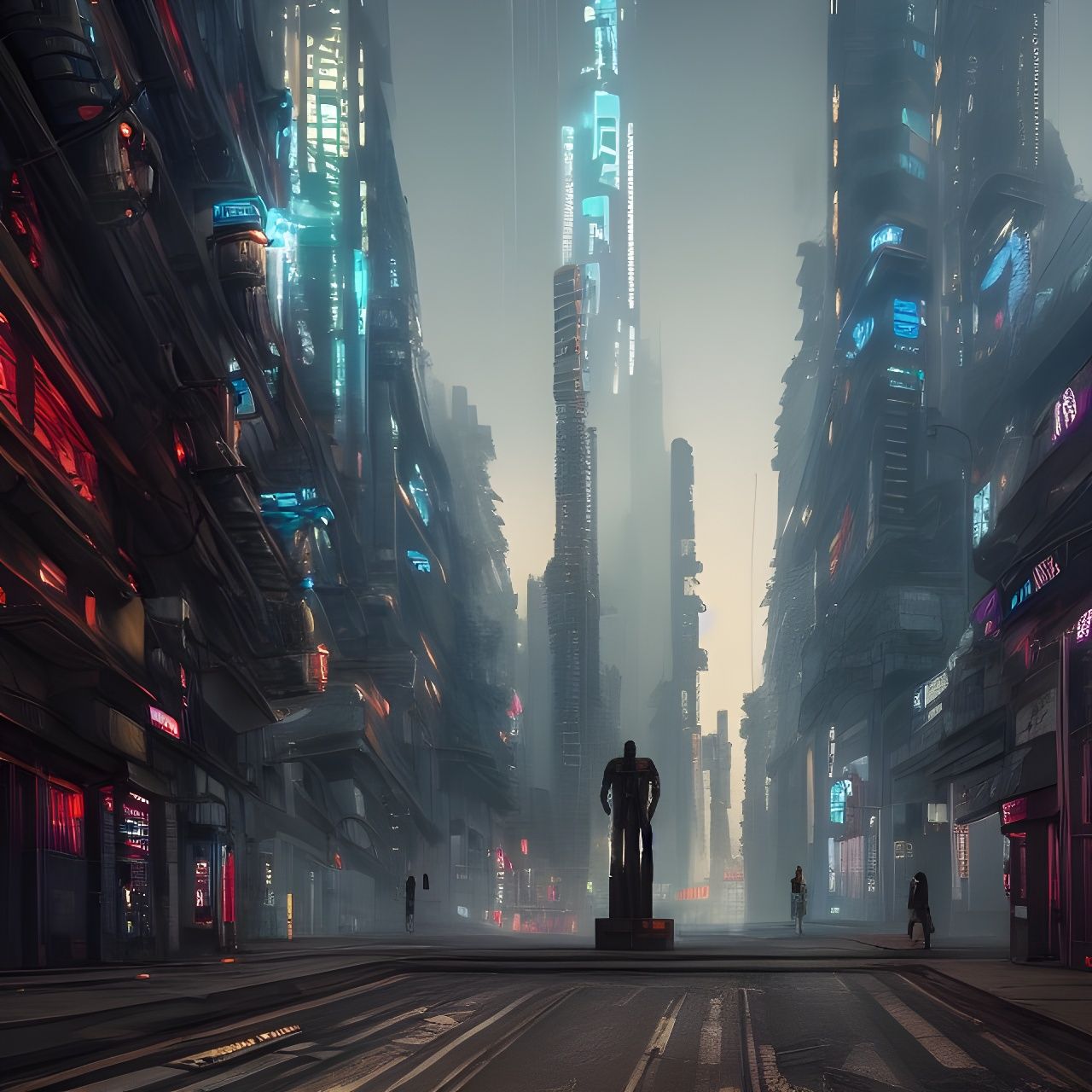 Cyberpunk City Street with Robot Statue