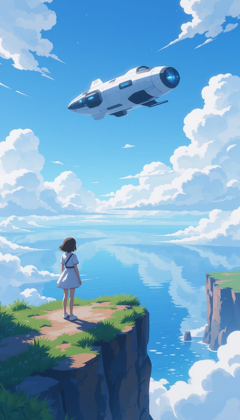 Girl Gazes at Spaceship Over Sea, 3D Anime Art