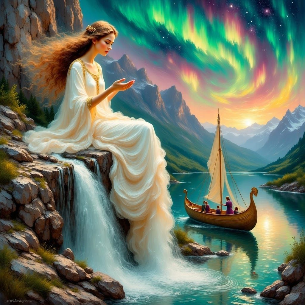 Viking Goddess of Waterfalls in Dreamy Gouache