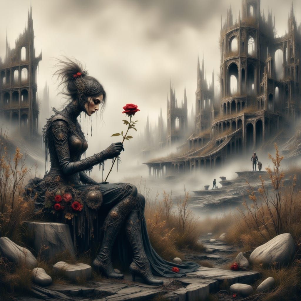 Melancholic Automaton Tends Rose Amidst Ruins