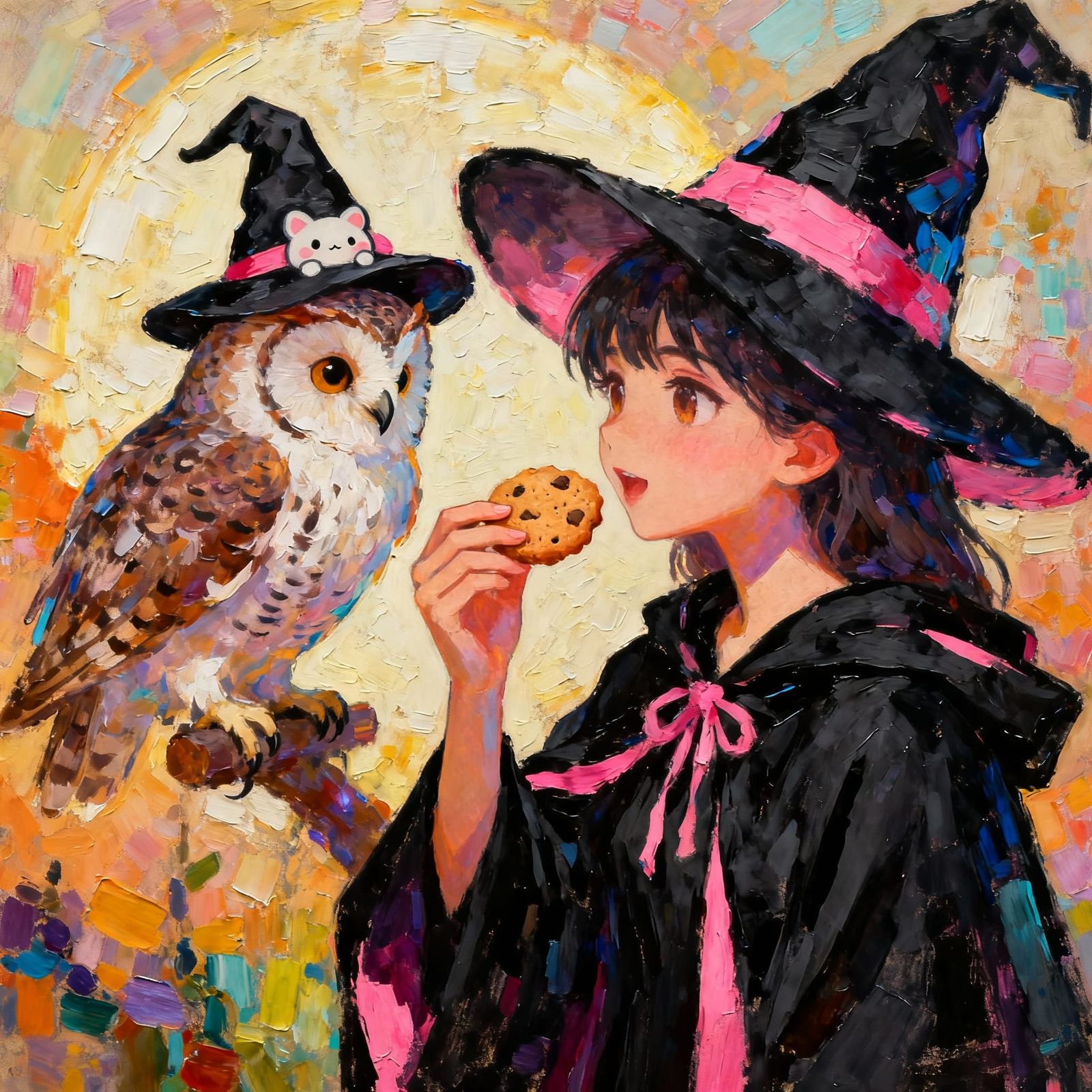 Anime Witch Feeds Cookie to Owl Familiar in Impasto Style