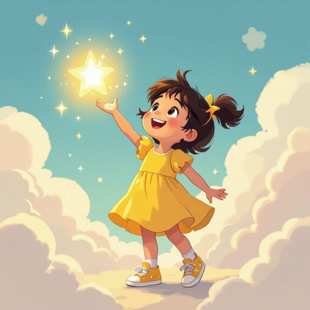 Cartoon Child Catches Glowing Magic Star