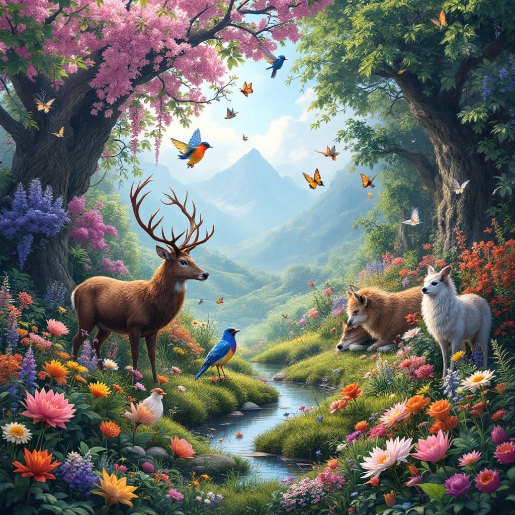 Vibrant Nature Scene Celebrating Diverse Wildlife and Lush L...