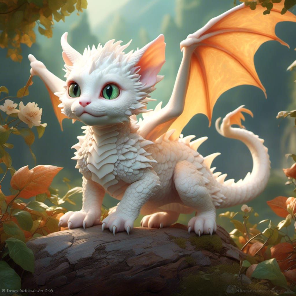 Adorable Albino Cat-Dragon Hatchling in Fantasy Style