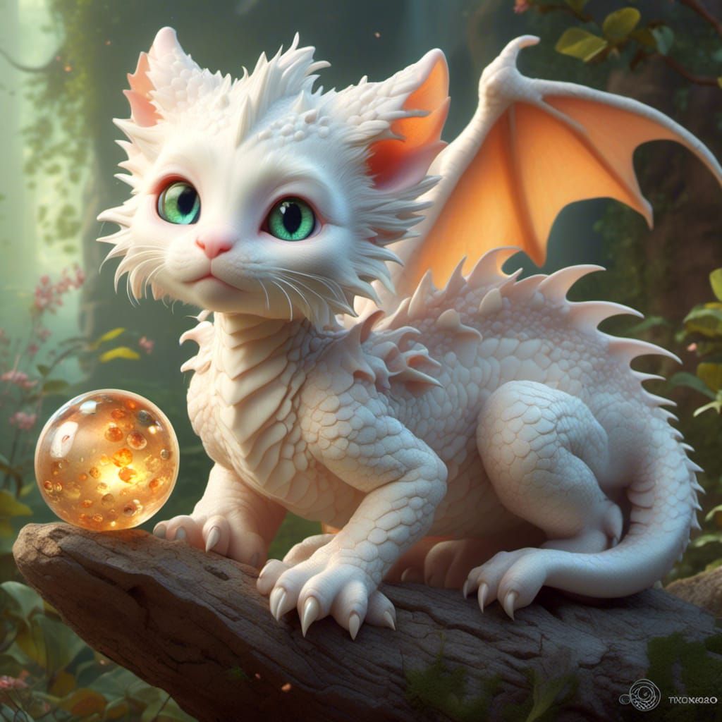 Adorable Albino Cat-Dragon Hatchling in Fantasy Landscape
