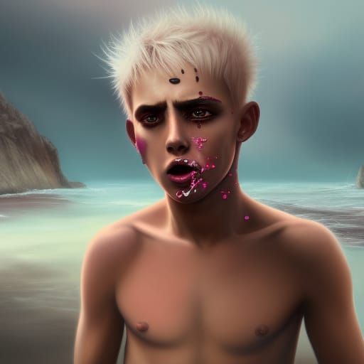 Boy Crying on Beach in Detailed Digital Painting