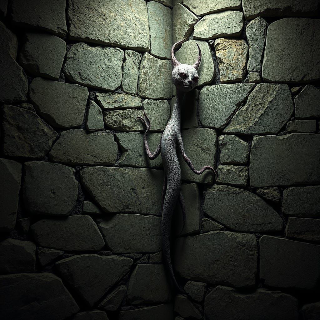 Camouflaged Otherworldly Being in Ancient Stone Wall
