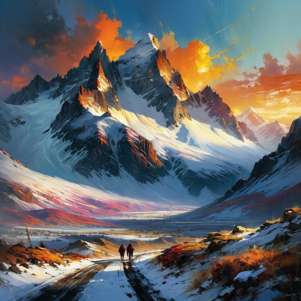 Dramatic Sunset Over Snowy Peaks: Fine Art Painting