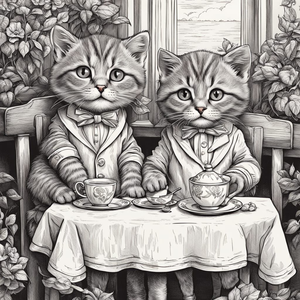 Whimsical Tabby Kittens at a Vintage Tea Party, in the Style...