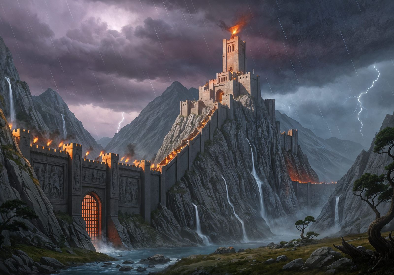 Massive Mountain Fortress in Dramatic Storm