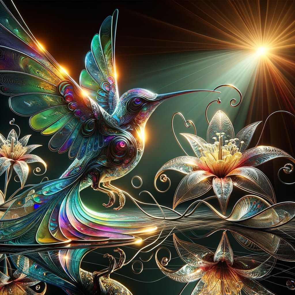 Iridescent Glass Hummingbird with Lilies in Dark Fantasy Sty...