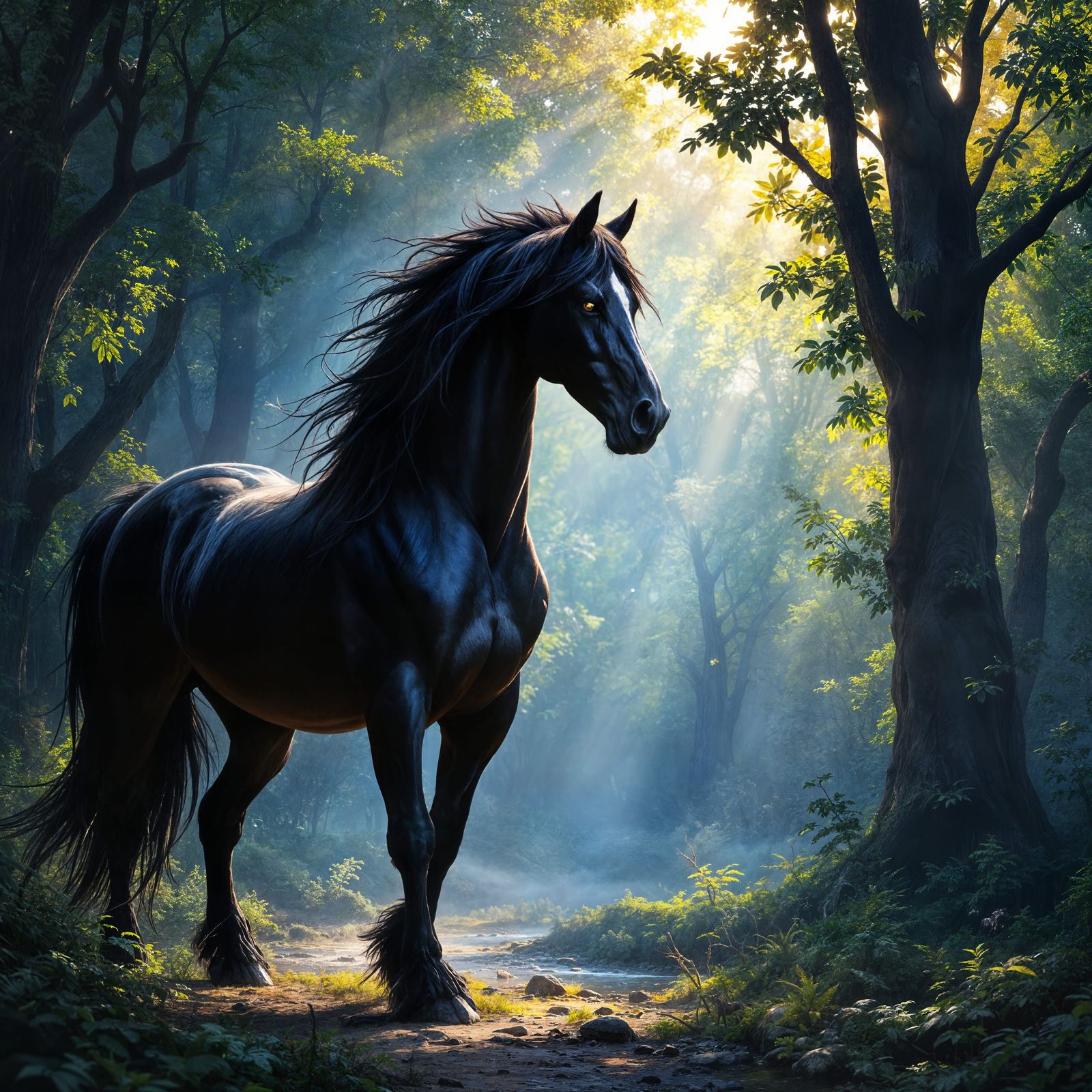 Majestic Black Stallion in Enchanting Sunlit Forest