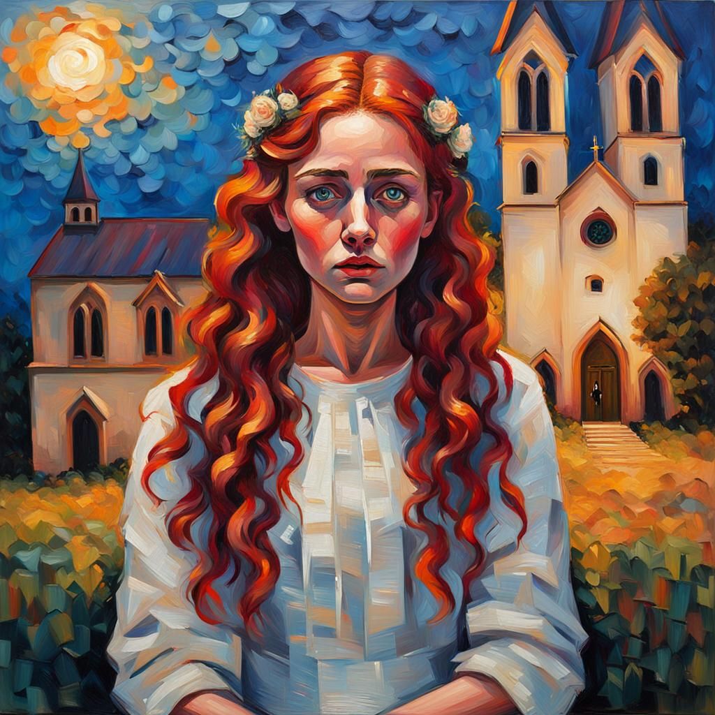 Crying Bride with Knife: Expressionist Oil Painting