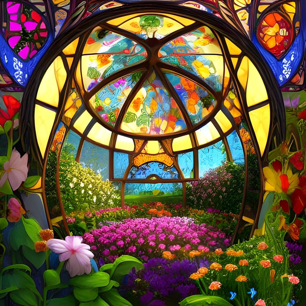 Dreamy Flower Garden Under Stained Glass Dome