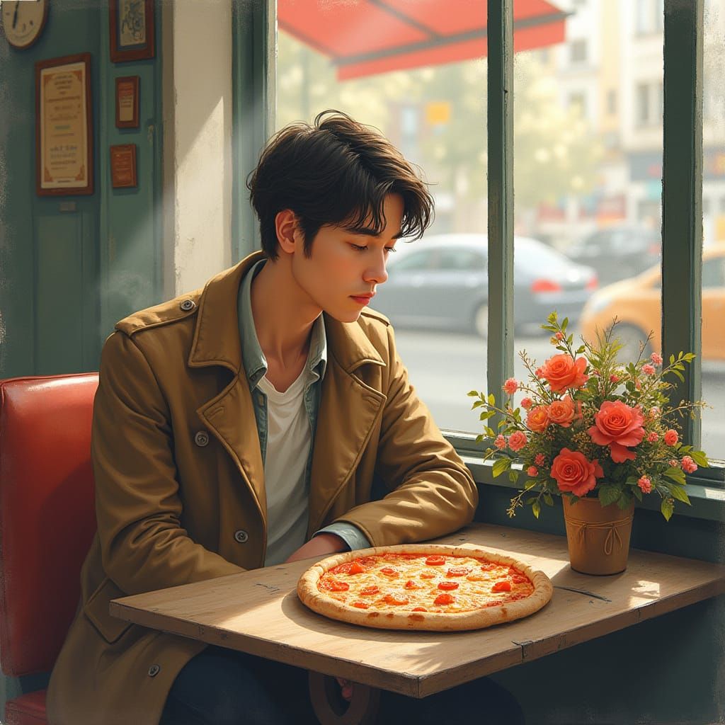 Melancholic Man in Cafe, Watercolor Style