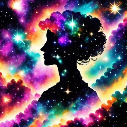 Cosmic Watercolor Silhouette with Glittering Double Exposure