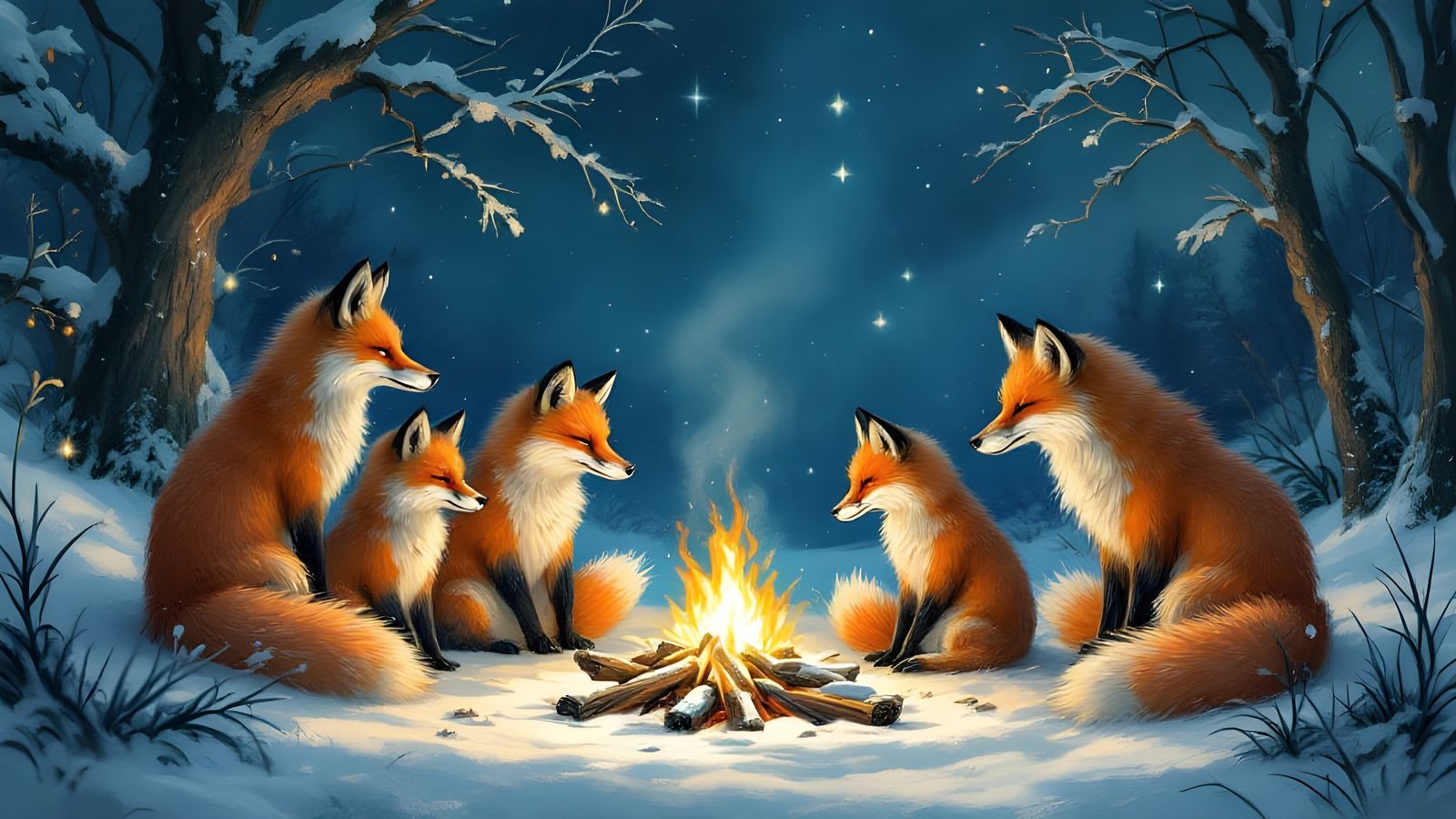 Foxes Warming by Fire on Winter Night