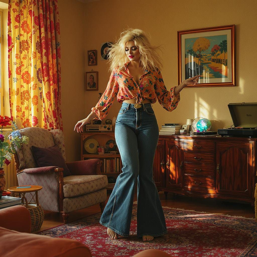Woman Dancing to Records in 1970s Style
