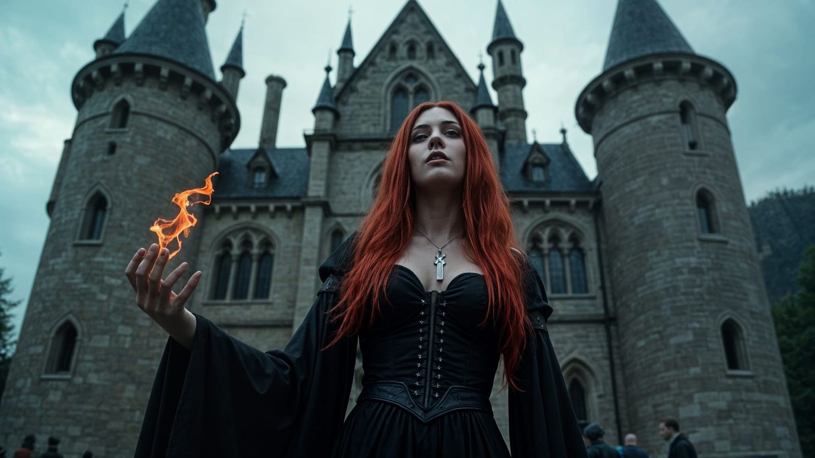 Gothic Redhead Sorceress Casting Spell, Cinematic Film Still