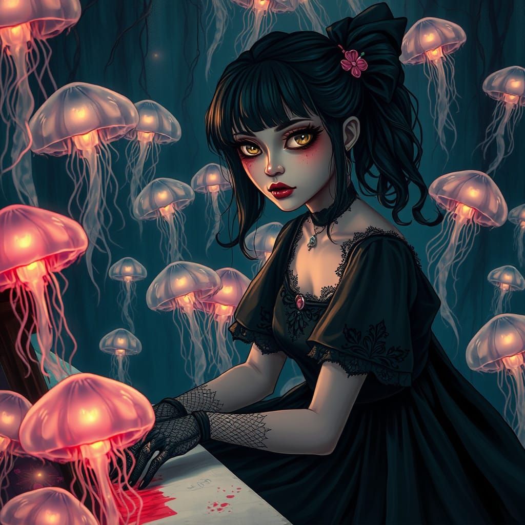 Gothic Emo Female Artist in a Haunting Jelly World