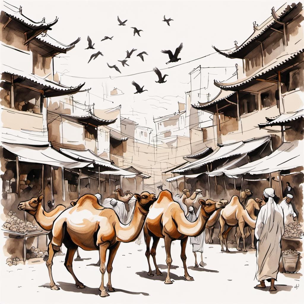 Bustling Oriental Marketplace in Ink
