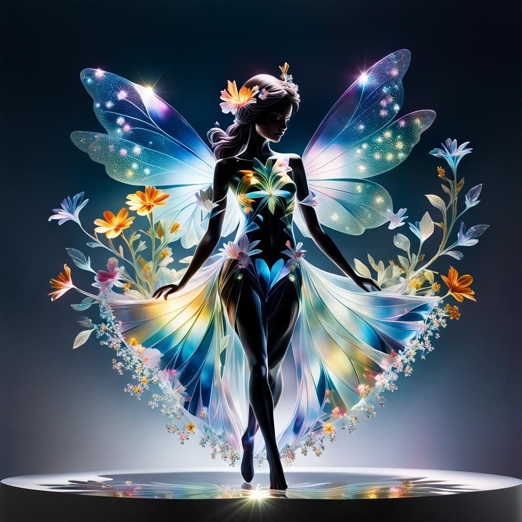 Crystal Fairy Interwoven with Flowers in Enchanted Forest