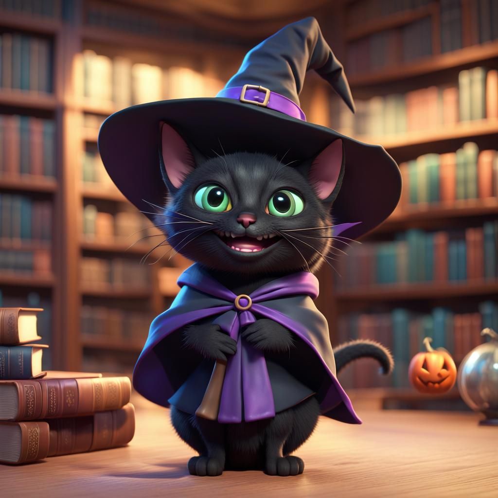 Cute Black Cat Witch in Library, 3D Digital Art