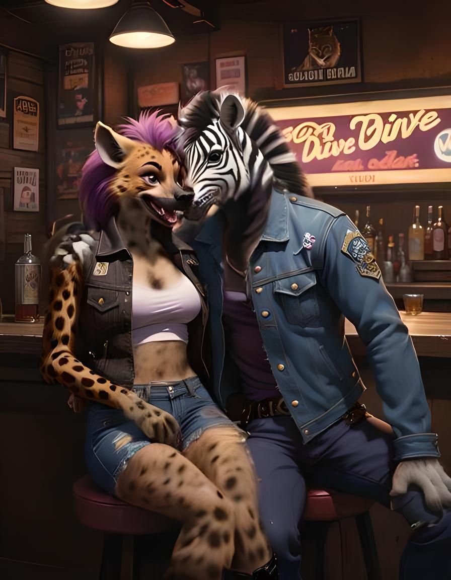 Furry Zebra-Man and Woman at Dive Bar